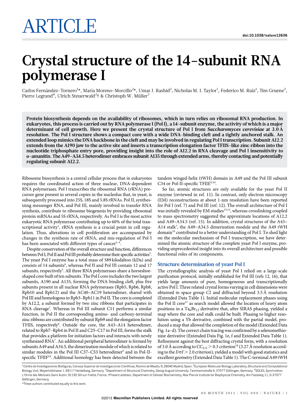 Crystal Structure of the 14-Subunit RNA Polymerase I