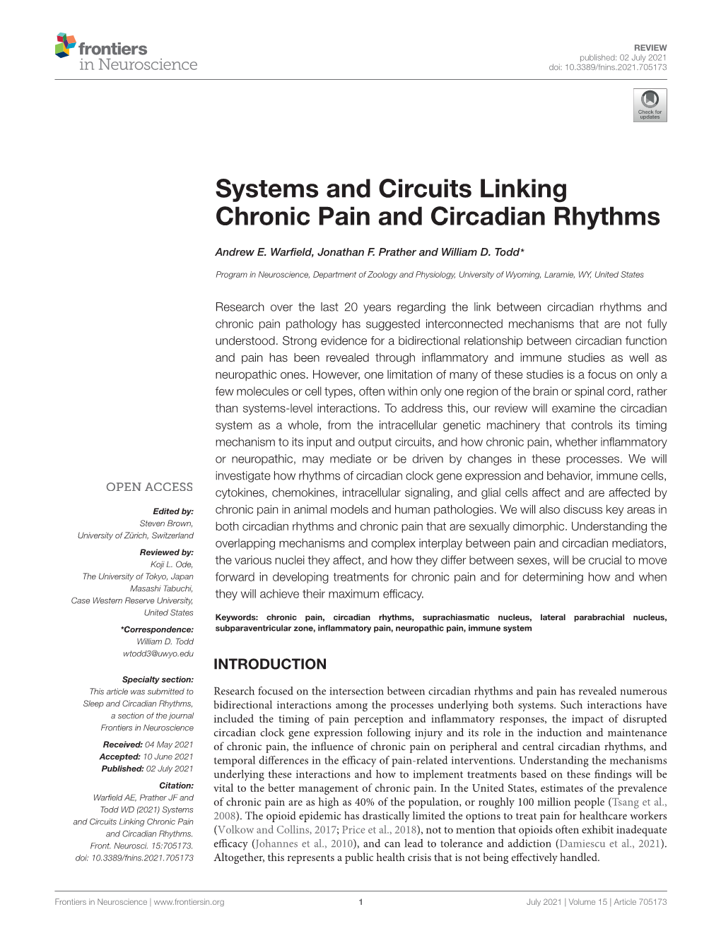 Systems and Circuits Linking Chronic Pain and Circadian Rhythms