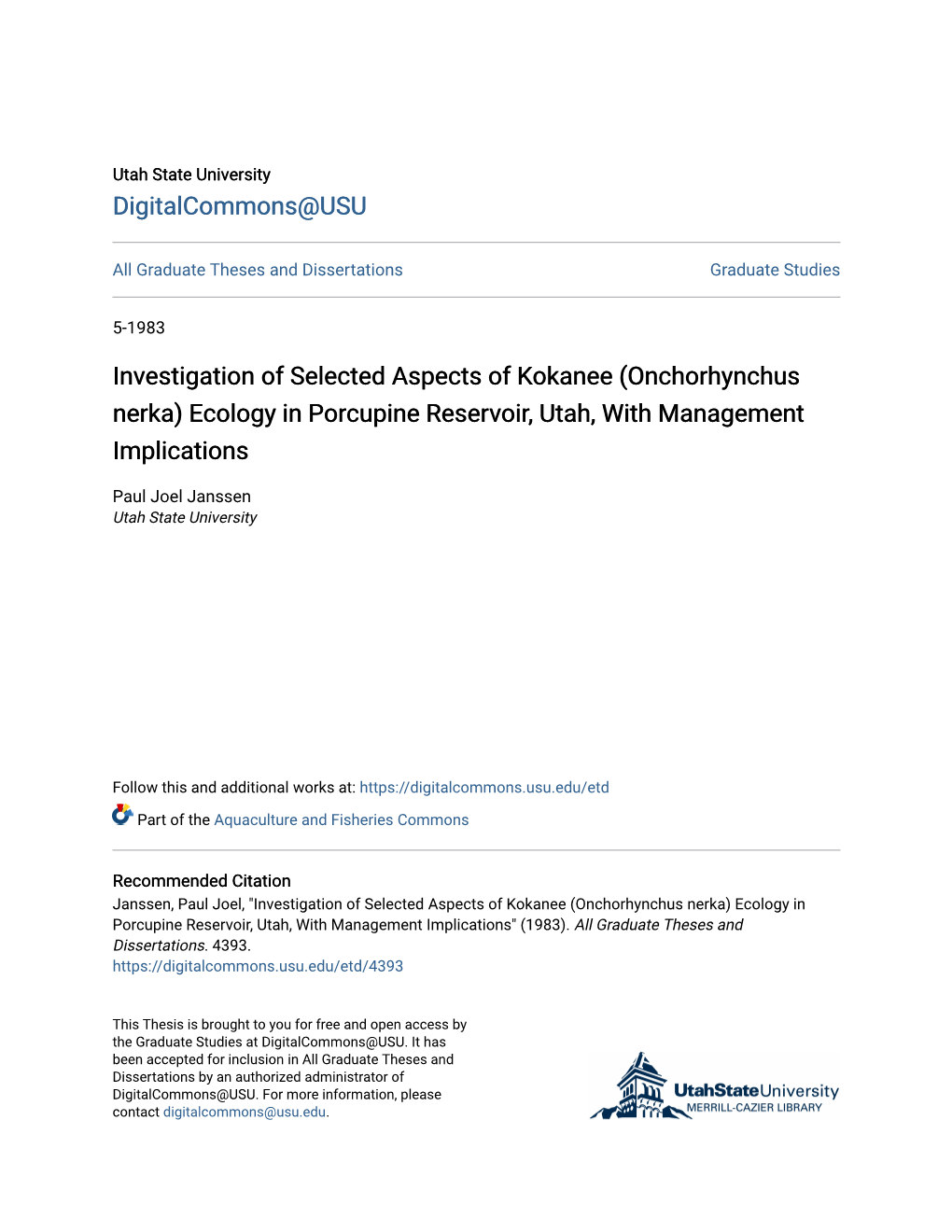 Ecology in Porcupine Reservoir, Utah, with Management Implications