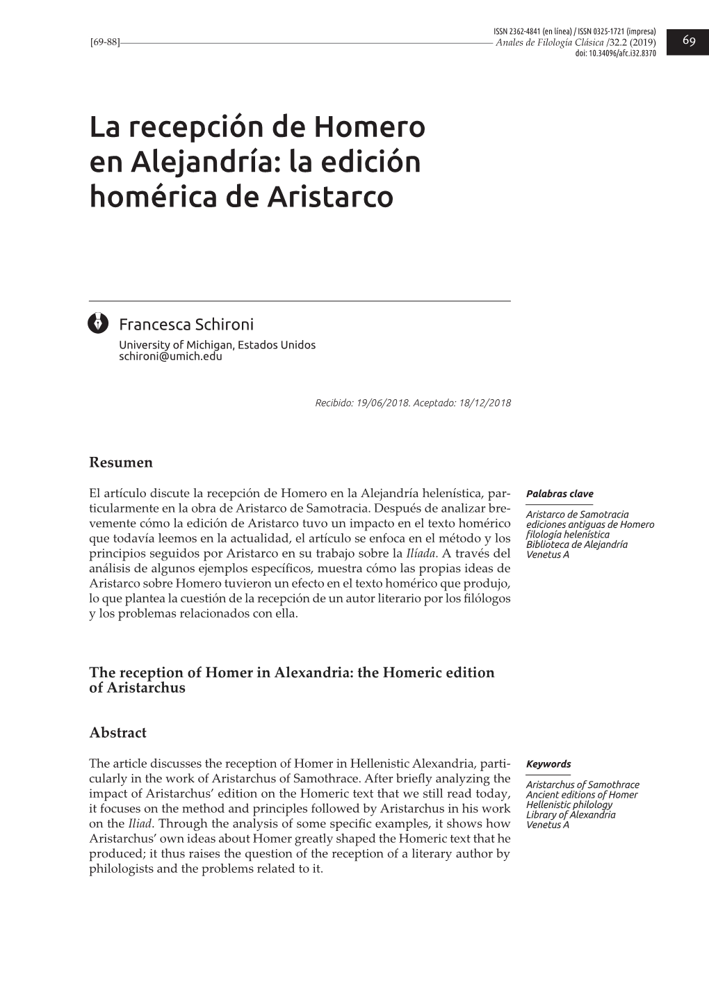 La Recepción De Homero En Alejandría: La Edición Homérica De Aristarco