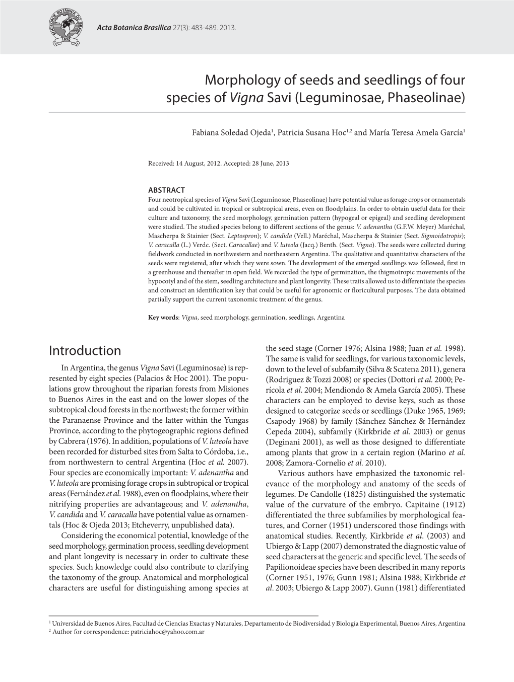 Morphology of Seeds and Seedlings of Four Species of Vigna Savi (Leguminosae, Phaseolinae)