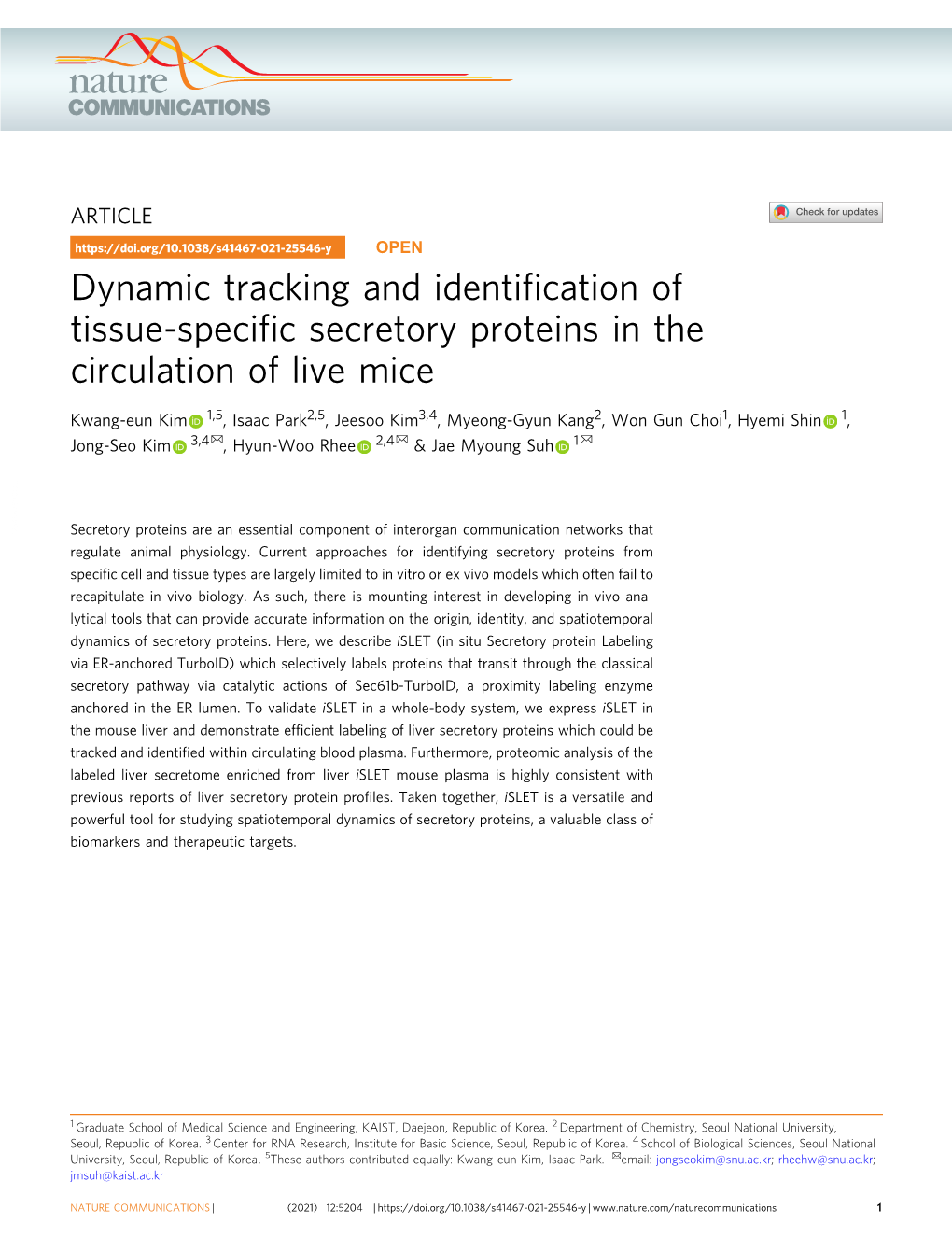 Dynamic Tracking and Identification of Tissue-Specific Secretory Proteins in the Circulation of Live Mice