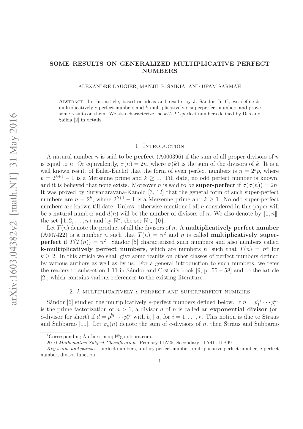 Arxiv:1603.04382V2 [Math.NT] 31 May 2016 N Ubro[1.Let [11]