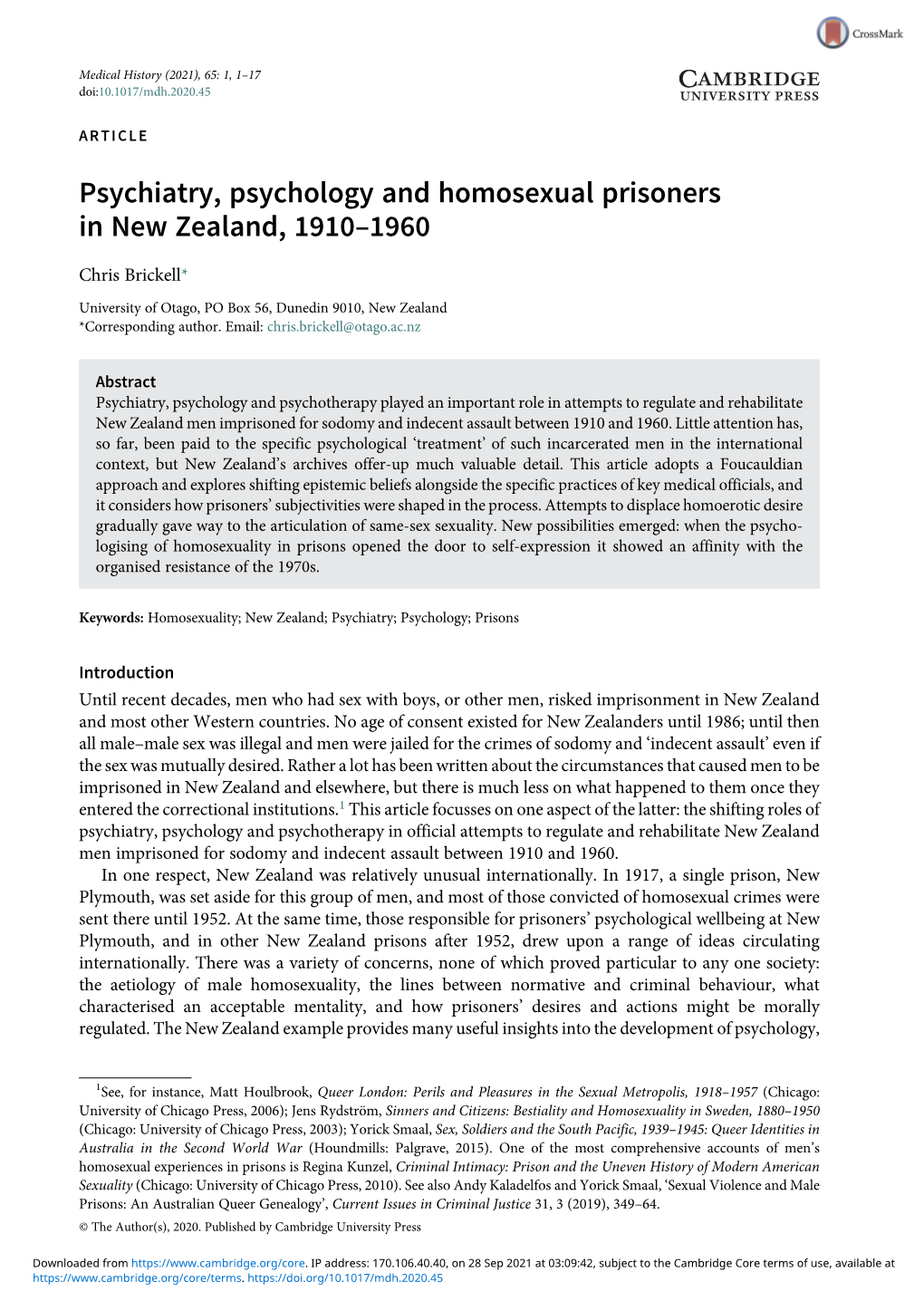 Psychiatry, Psychology and Homosexual Prisoners in New Zealand, 1910–1960