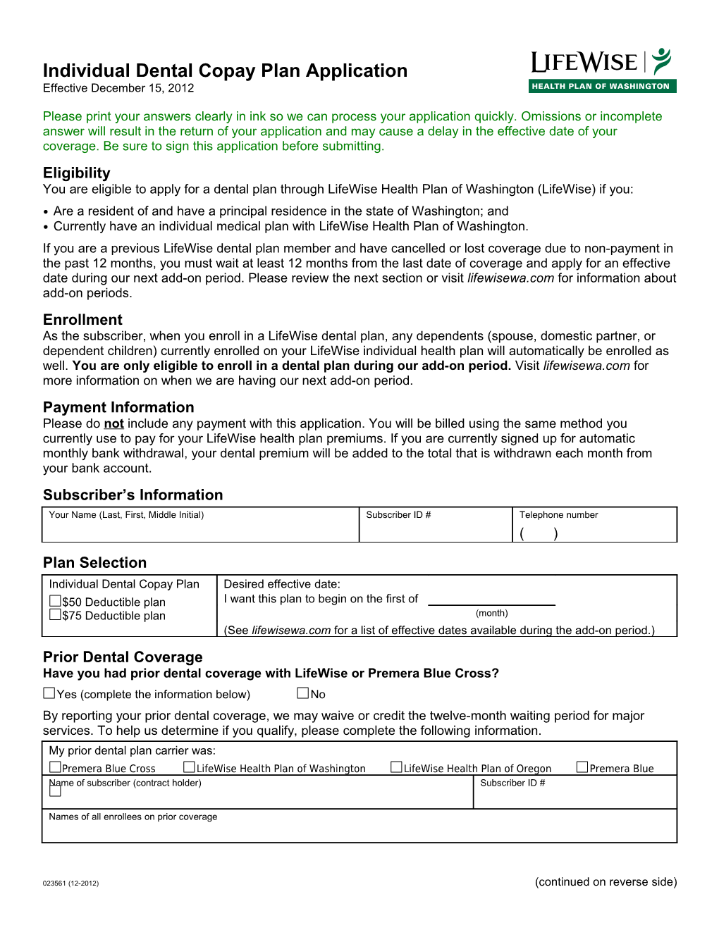 Dental Existing Members Enrollment Application