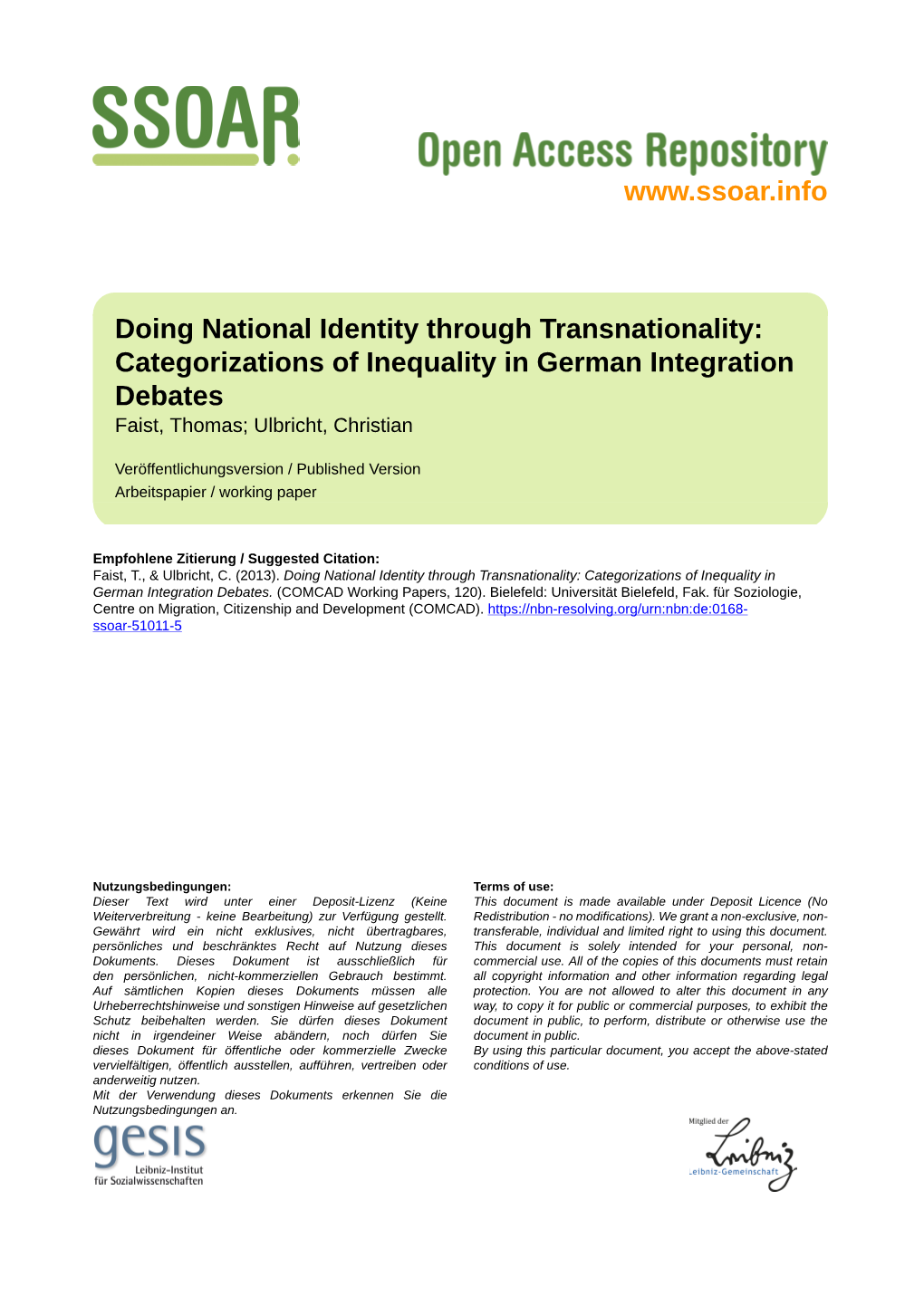 Doing National Identity Through Transnationality: Categorizations of Inequality in German Integration Debates Faist, Thomas; Ulbricht, Christian