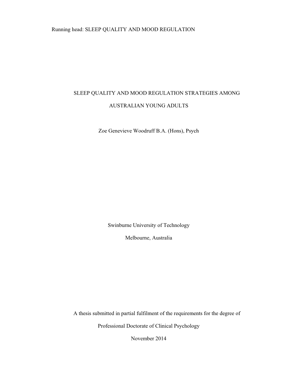 Sleep Quality and Mood Regulation Strategies Among Australian Young