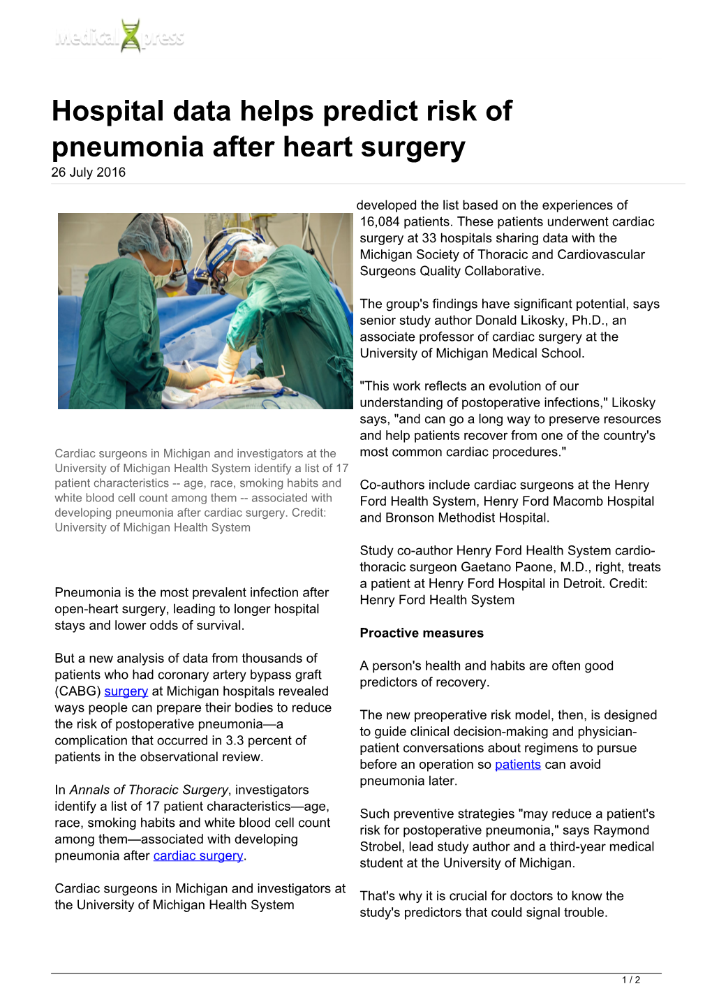 Hospital Data Helps Predict Risk of Pneumonia After Heart Surgery 26 July 2016