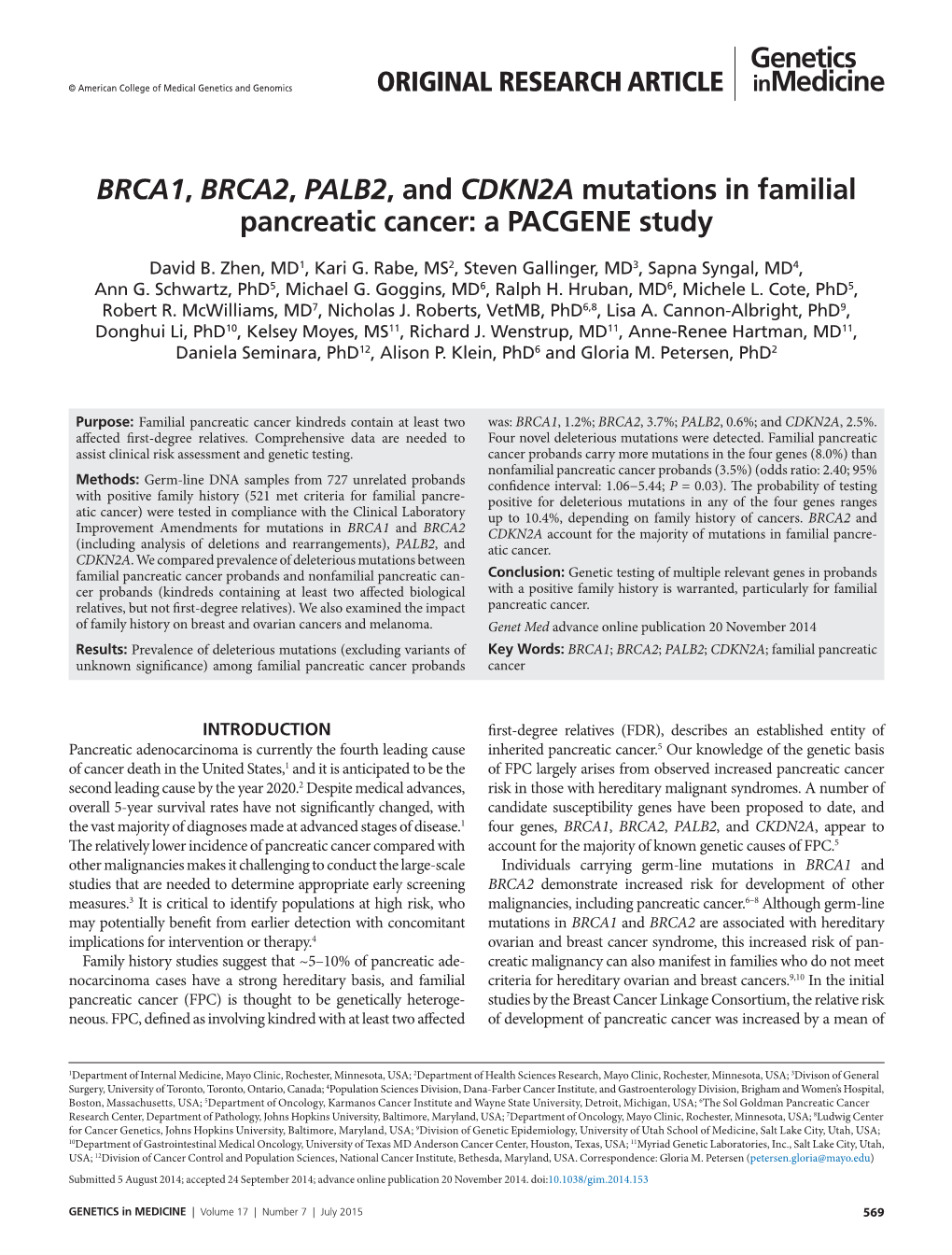 BRCA1, BRCA2, PALB2, and CDKN2A Mutations in Familial Pancreatic Cancer: a PACGENE Study