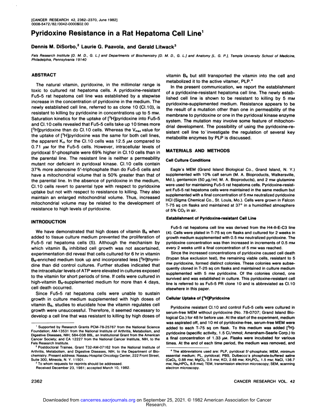 Pyridoxine Resistance in a Rat Hepatoma Cell Line1