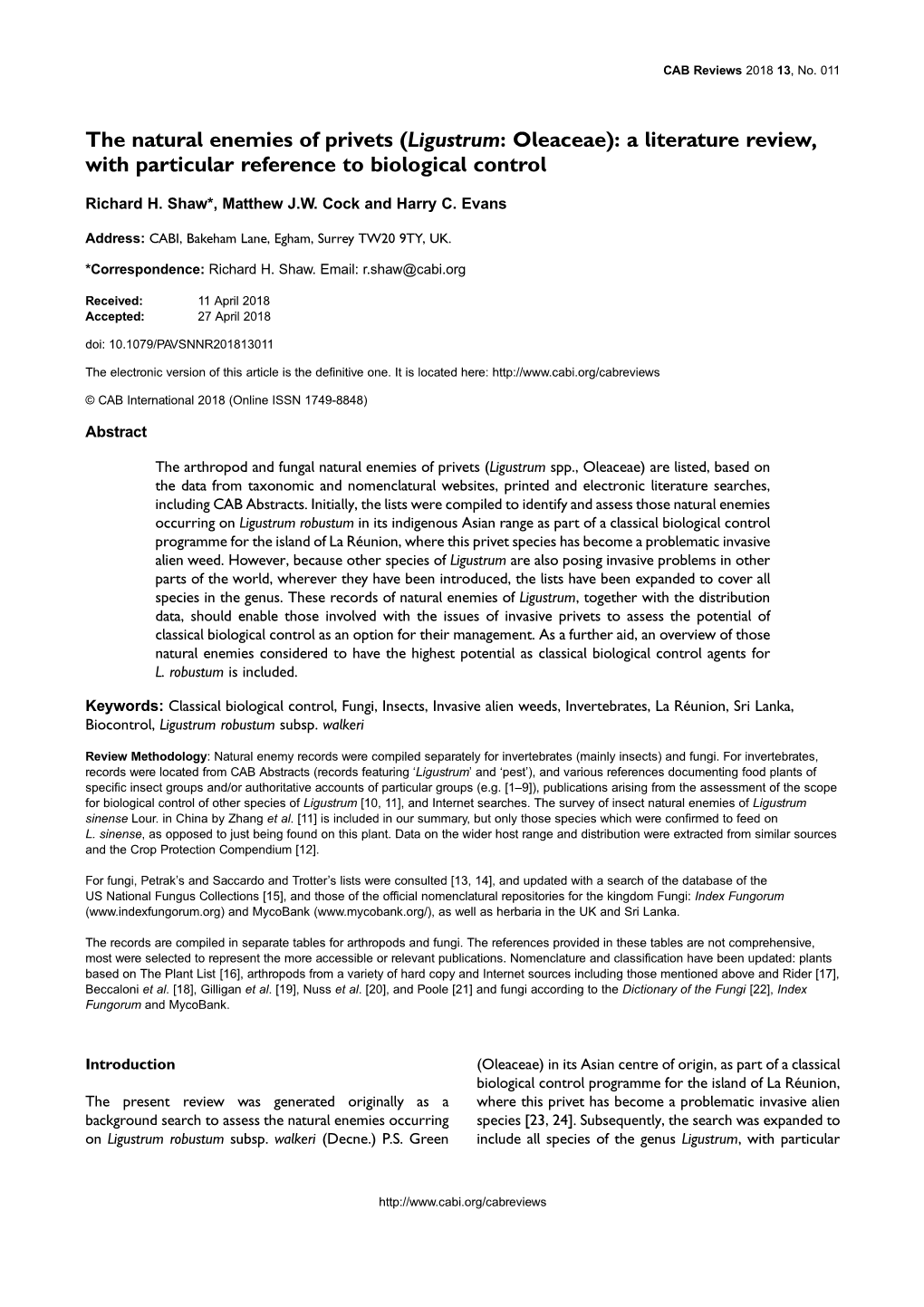 Ligustrum: Oleaceae): a Literature Review, with Particular Reference to Biological Control