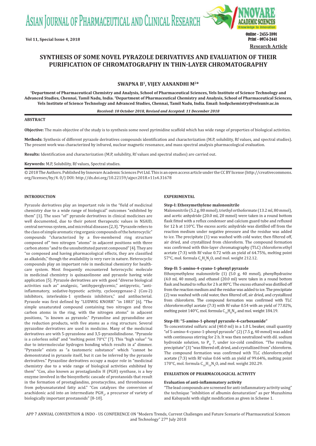 Synthesis of Some Novel Pyrazole Derivatives and Evaluation of Their Purification of Chromatography in Thin-Layer Chromatography