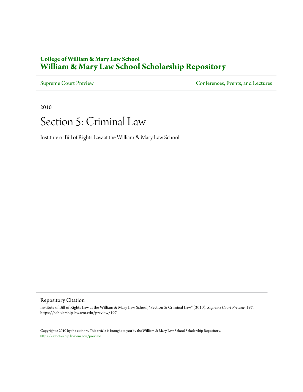 Section 5: Criminal Law Institute of Bill of Rights Law at the William & Mary Law School