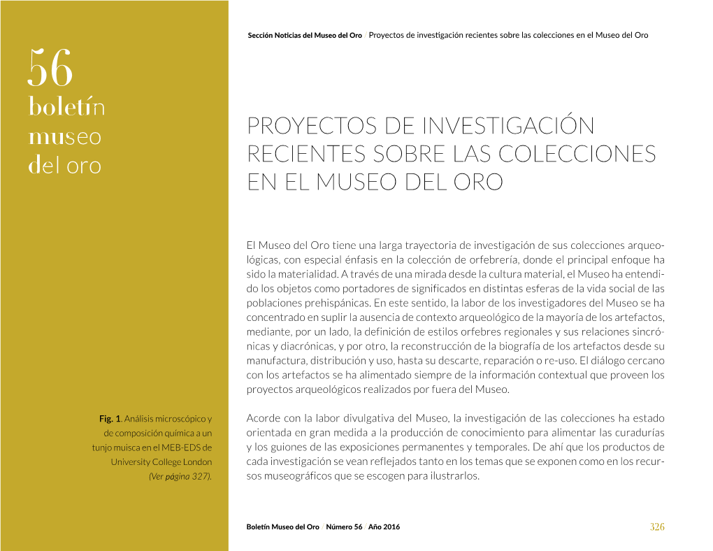 Proyectos De Investigación Recientes Sobre Las Colecciones En El Museo Del Oro 56 PROYECTOS DE INVESTIGACIÓN RECIENTES SOBRE LAS COLECCIONES EN EL MUSEO DEL ORO