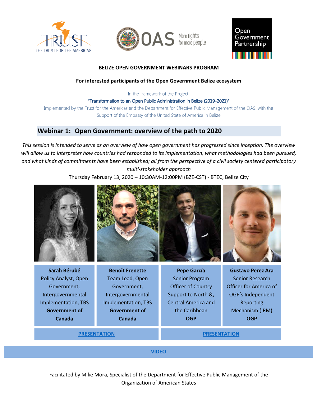 Webinar 1: Open Government: Overview of the Path to 2020