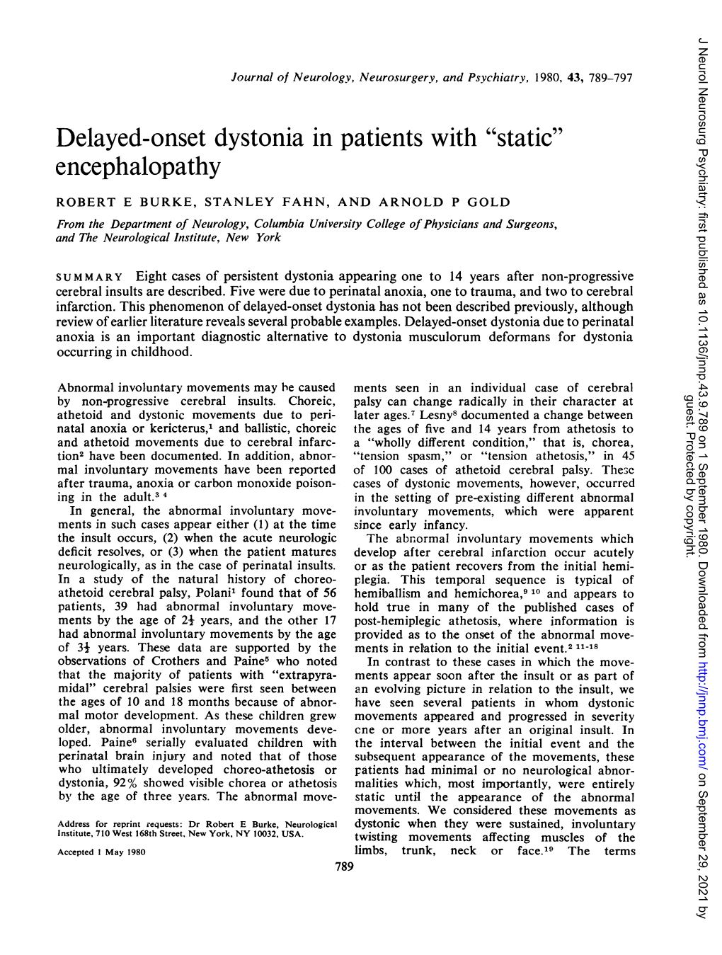Delayed-Onset Dystonia in Patients with "Static" Encephalopathy