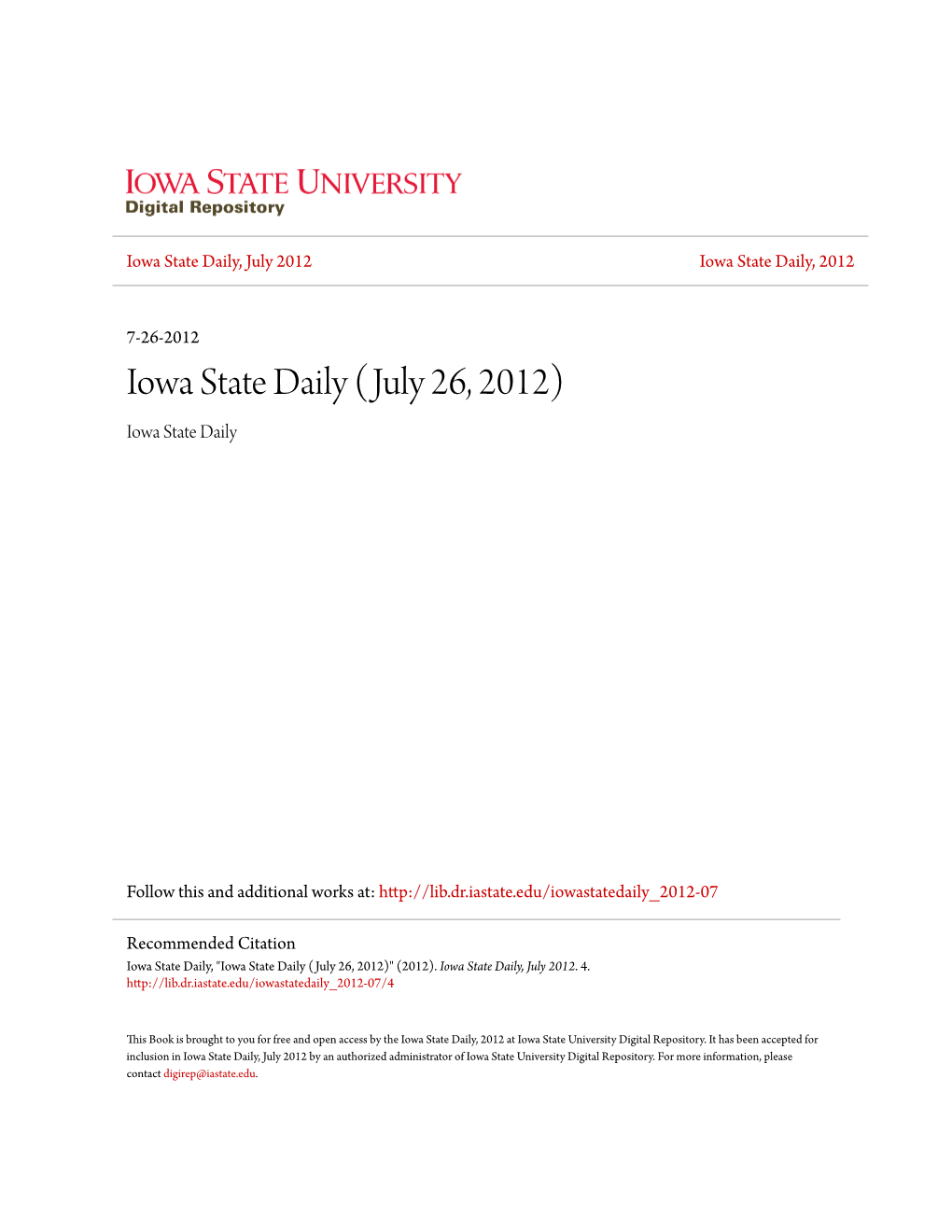 Iowa State Daily (July 26, 2012) Iowa State Daily