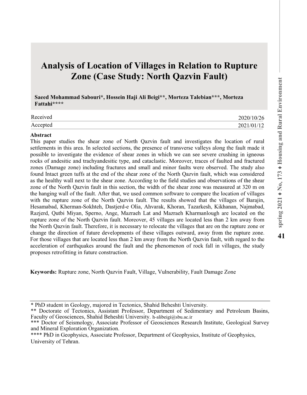 Analysis of Location of Villages in Relation to Rupture Zone (Case Study: North Qazvin Fault)