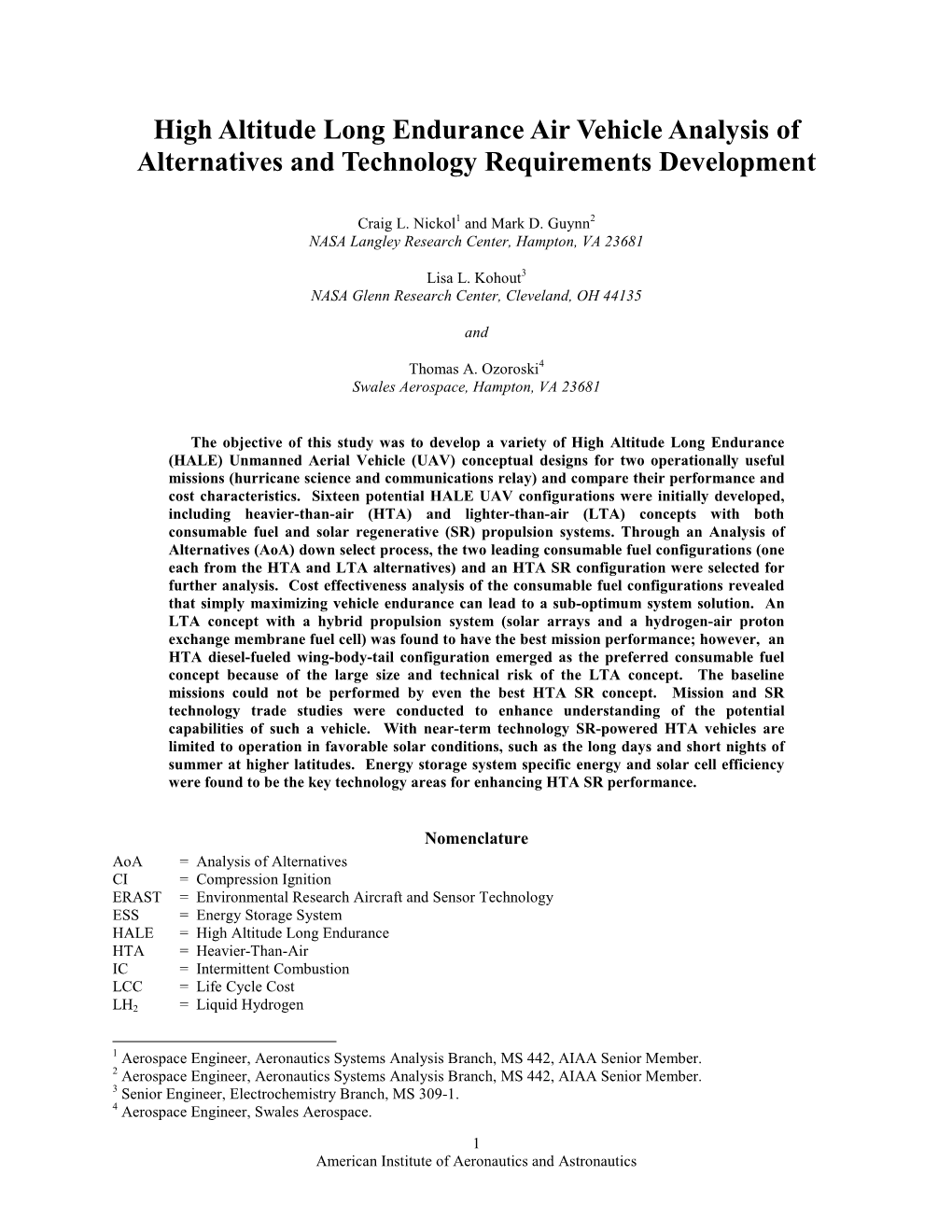 High Altitude Long Endurance Air Vehicle Analysis of Alternatives and Technology Requirements Development