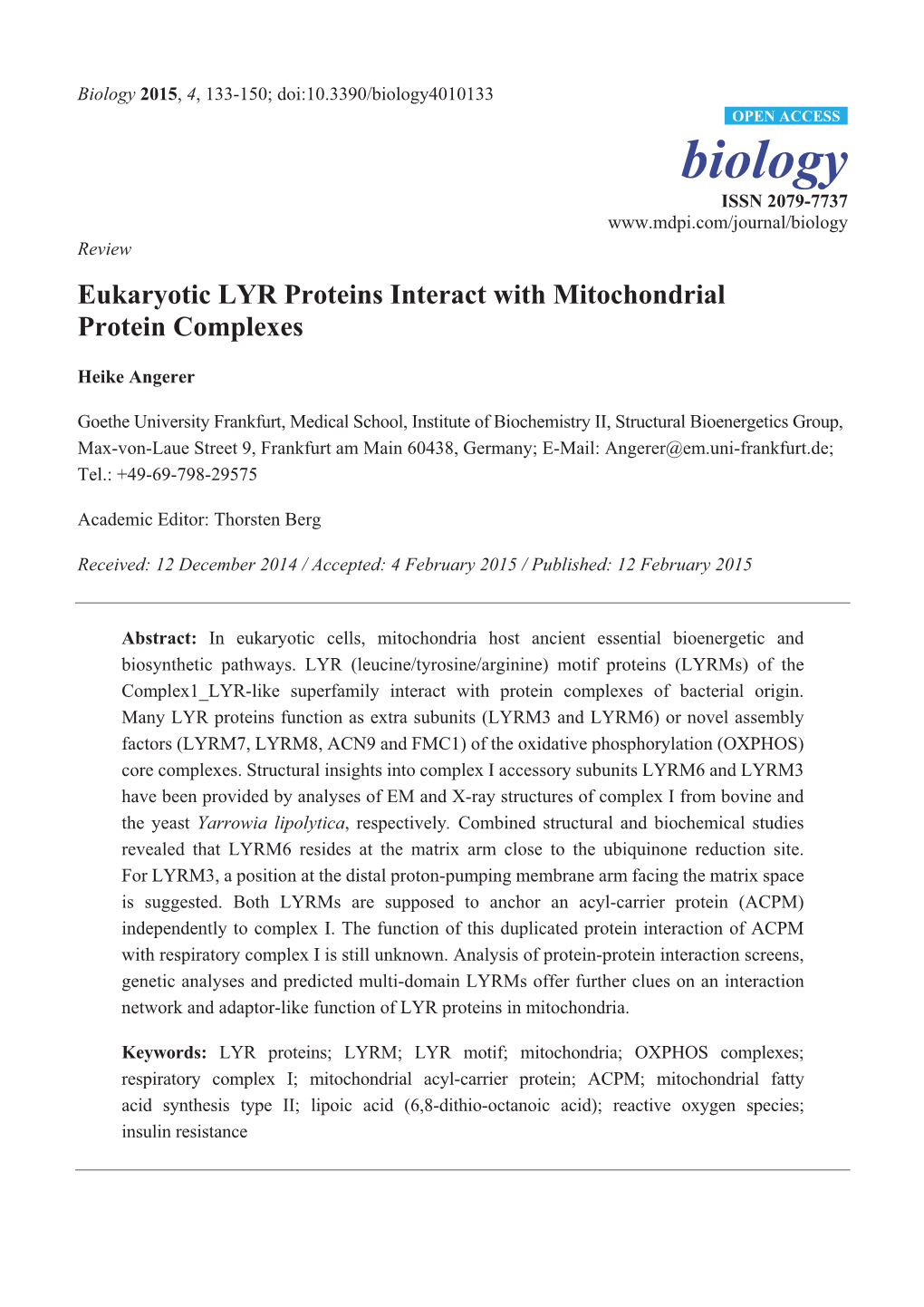 Eukaryotic LYR Proteins Interact with Mitochondrial Protein Complexes