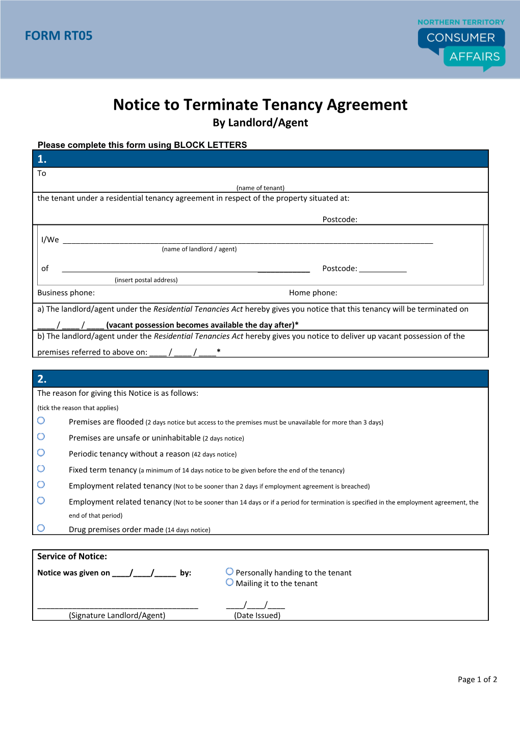 Form RT05 Notice by Landlord to Terminate