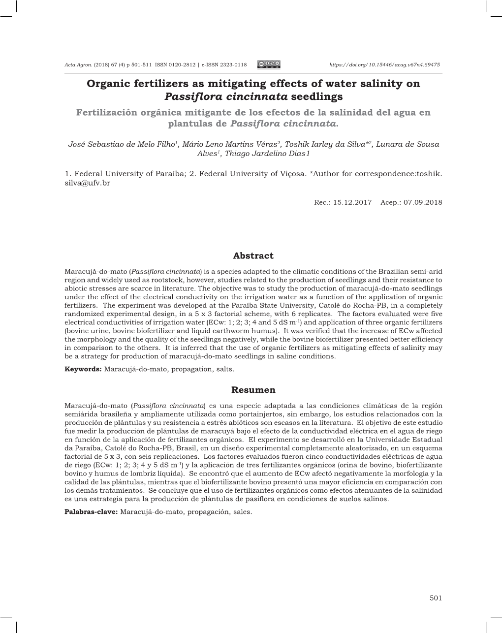 Organic Fertilizers As Mitigating Effects of Water Salinity on Passiflora