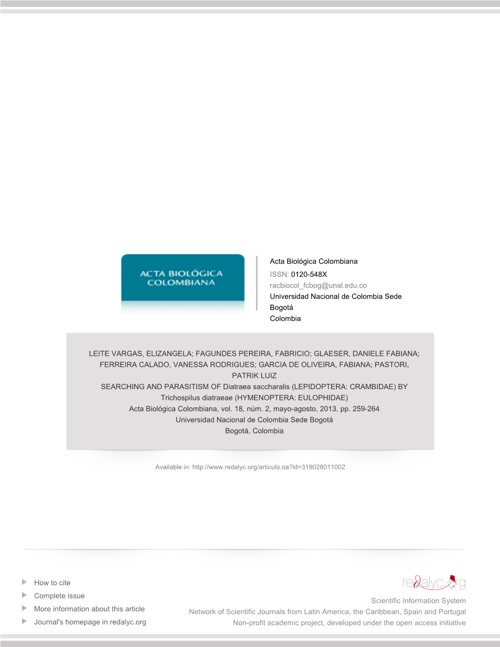 Redalyc.SEARCHING and PARASITISM of Diatraea Saccharalis