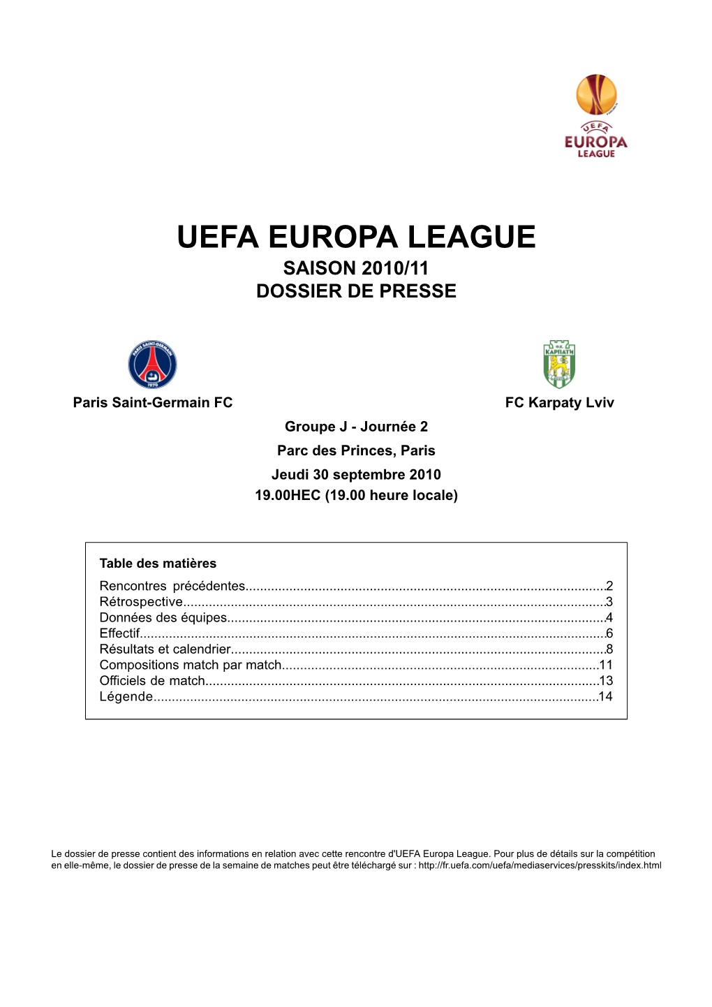 Uefa Europa League Saison 2010/11 Dossier De Presse