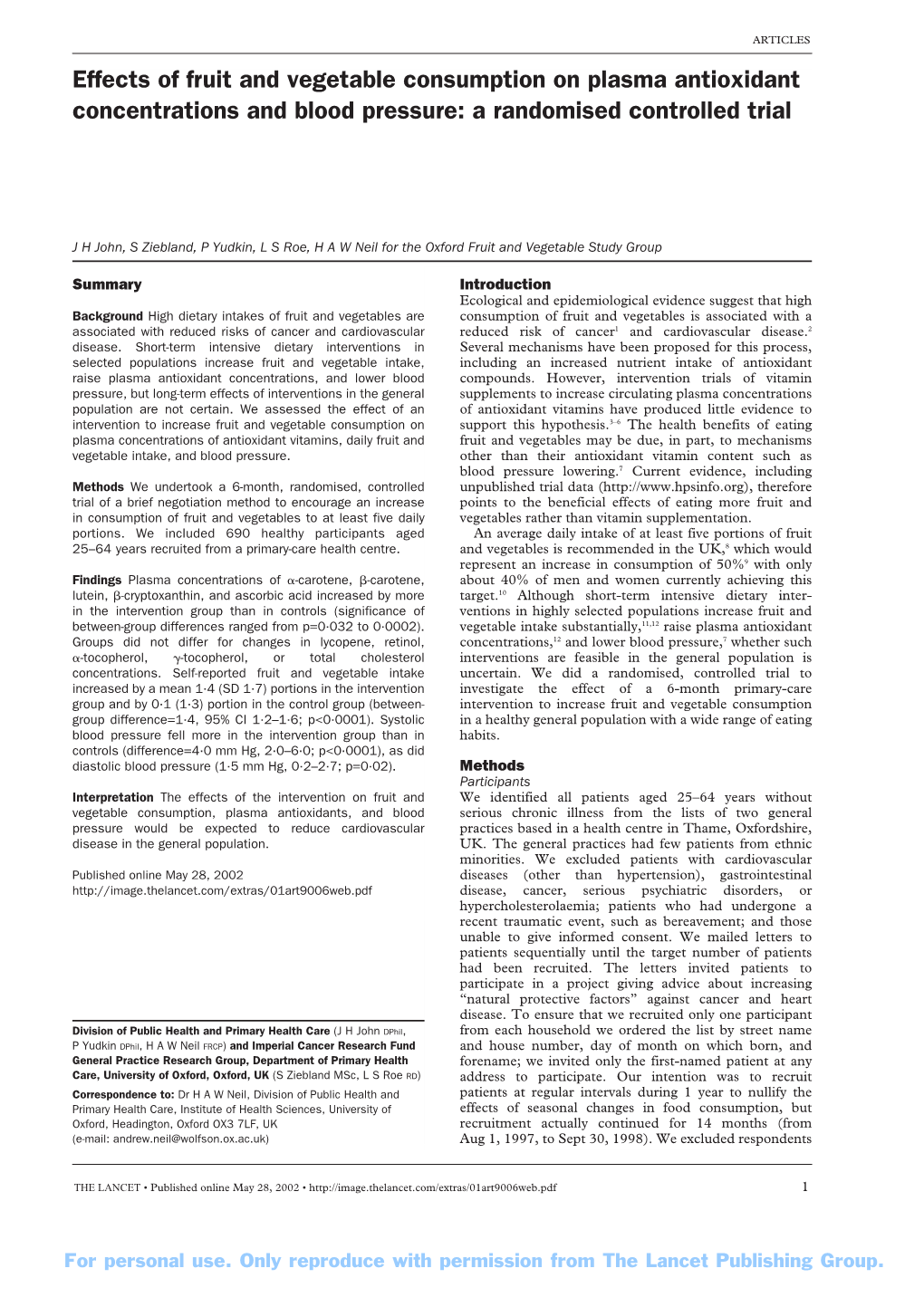 Effects of Fruit and Vegetable Consumption on Plasma Antioxidant Concentrations and Blood Pressure: a Randomised Controlled Trial