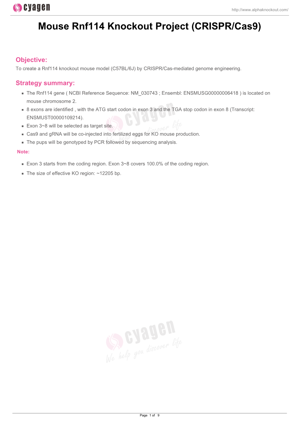 Mouse Rnf114 Knockout Project (CRISPR/Cas9)