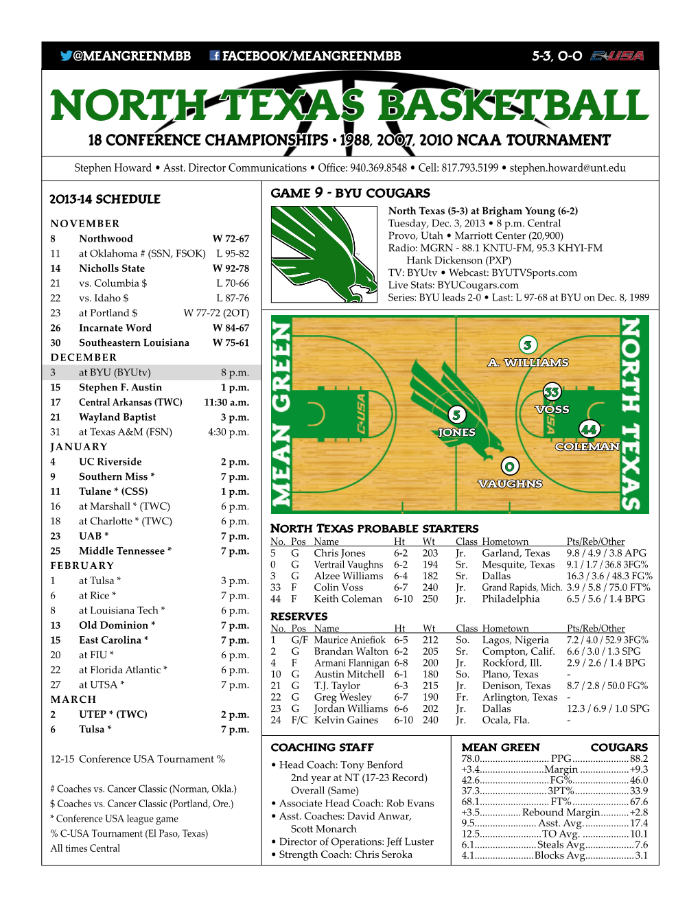 North Texas Basketball 18 Conference Championships • 1988, 2007, 2010 Ncaa Tournament