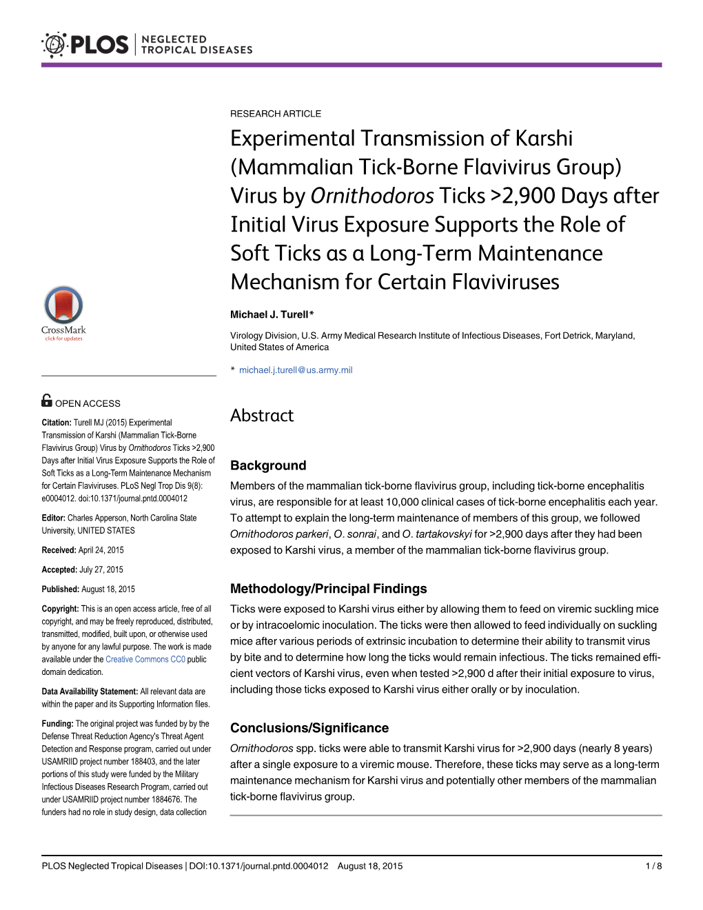 Experimental Transmission of Karshi (Mammalian Tick-Borne Flavivirus