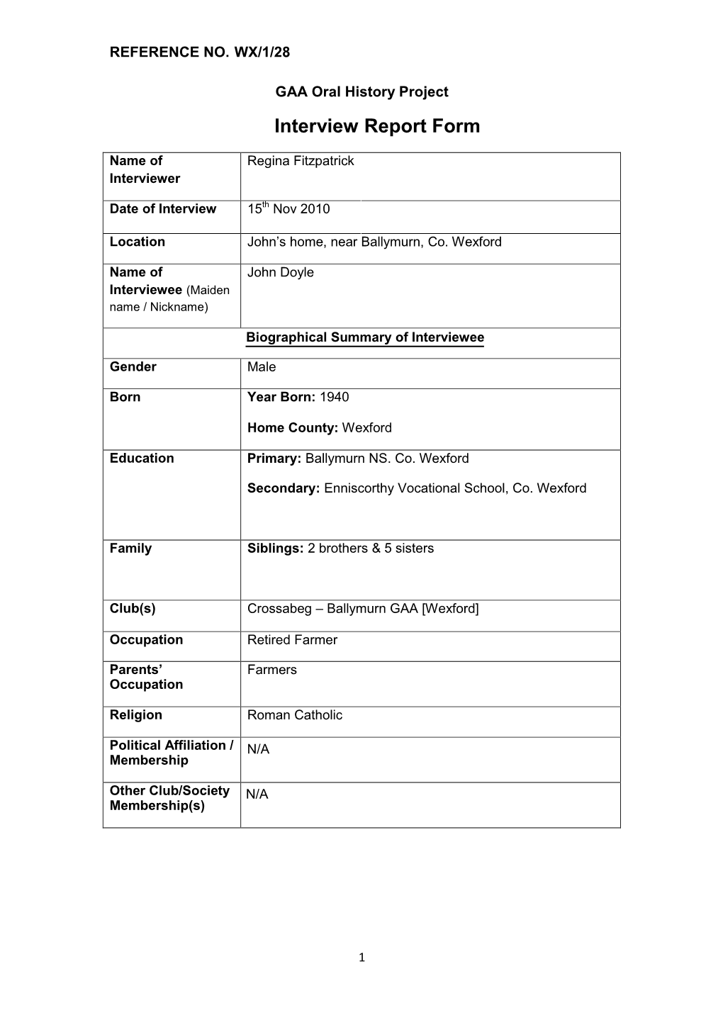 GAA Oral History Project Interview Report Form