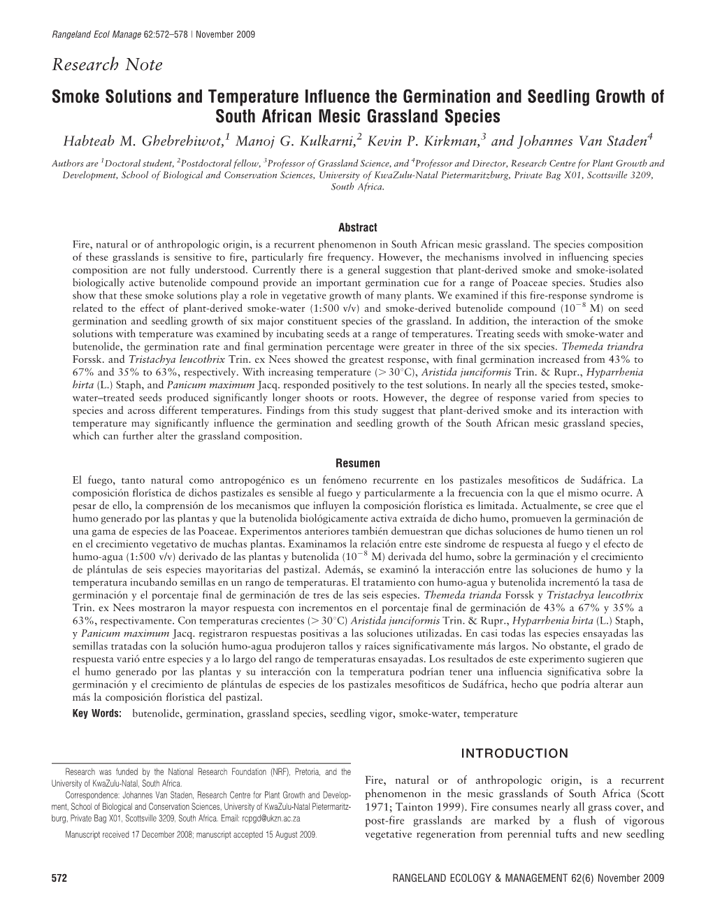 Smoke Solutions and Temperature Influence the Germination and Seedling Growth of South African Mesic Grassland Species Habteab M