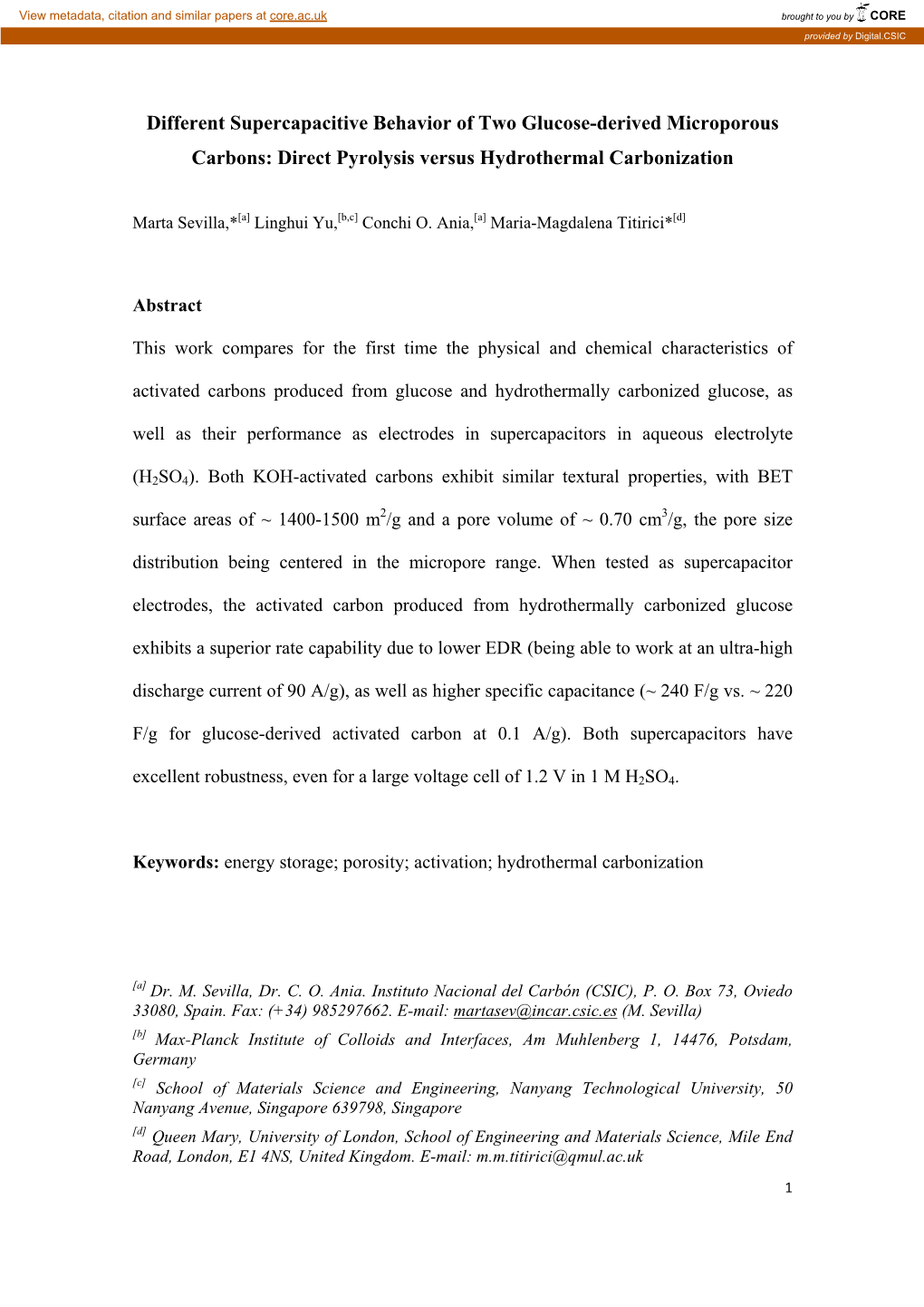 Different Supercapacitive Behavior of Two Glucose-Derived Microporous Carbons: Direct Pyrolysis Versus Hydrothermal Carbonization