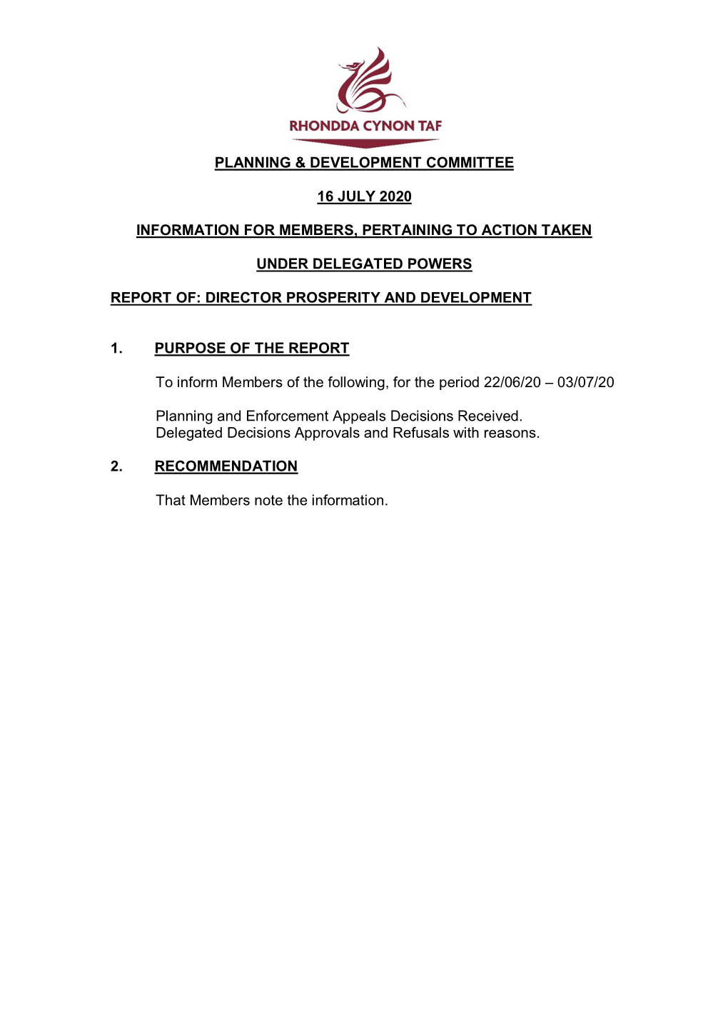 Planning & Development Committee 16 July 2020