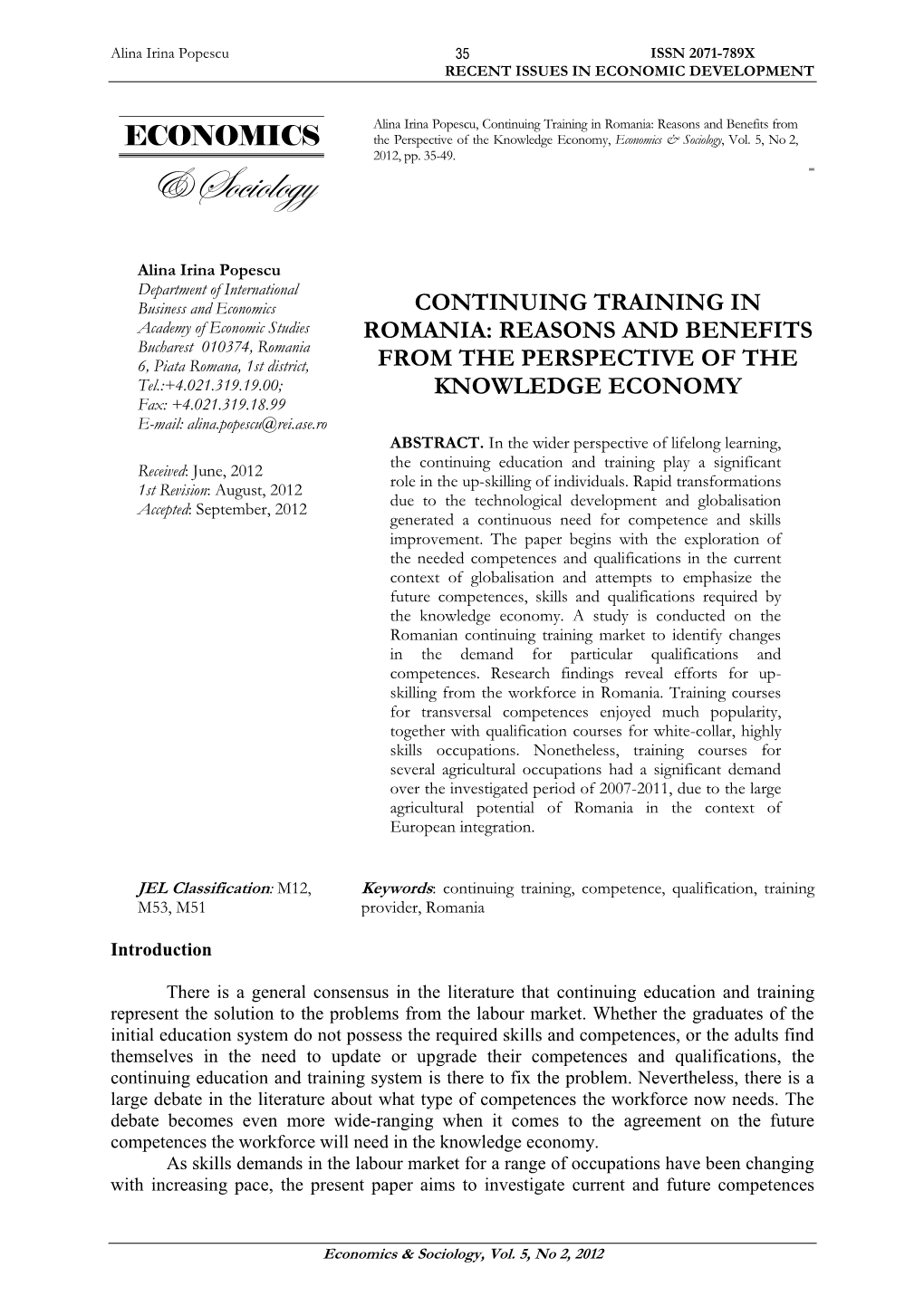 Continuing Training in Romania: Reasons and Benefits from the Perspective of the Knowledge Economy, Economics & Sociology, Vol