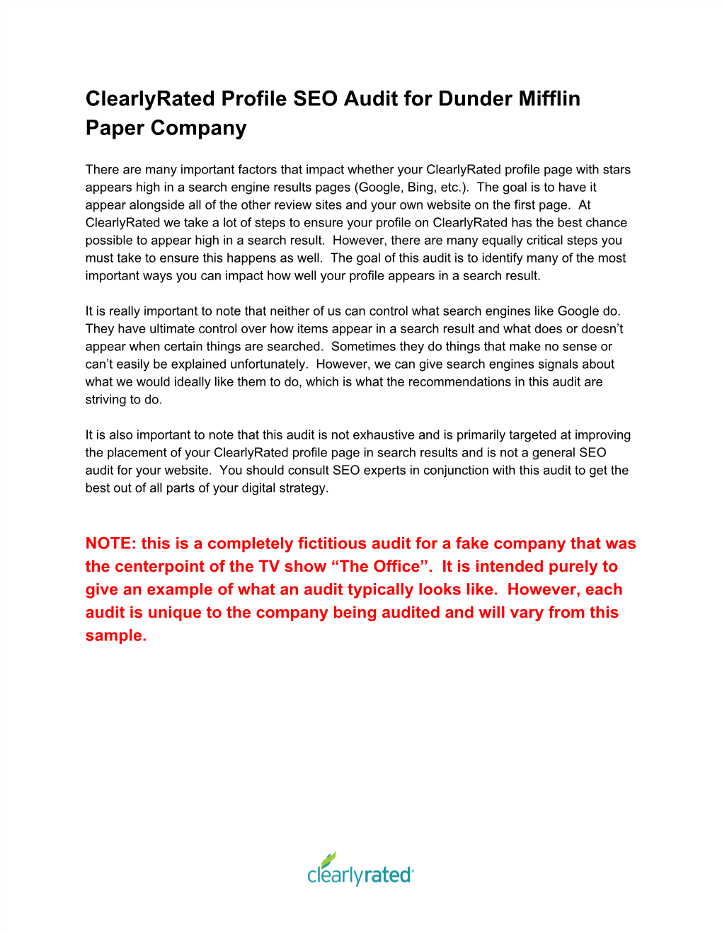 Clearlyrated Profile SEO Audit for Dunder Mifflin Paper Company