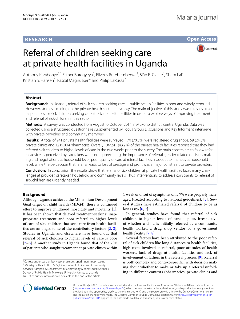 Referral of Children Seeking Care at Private Health Facilities in Uganda Anthony K