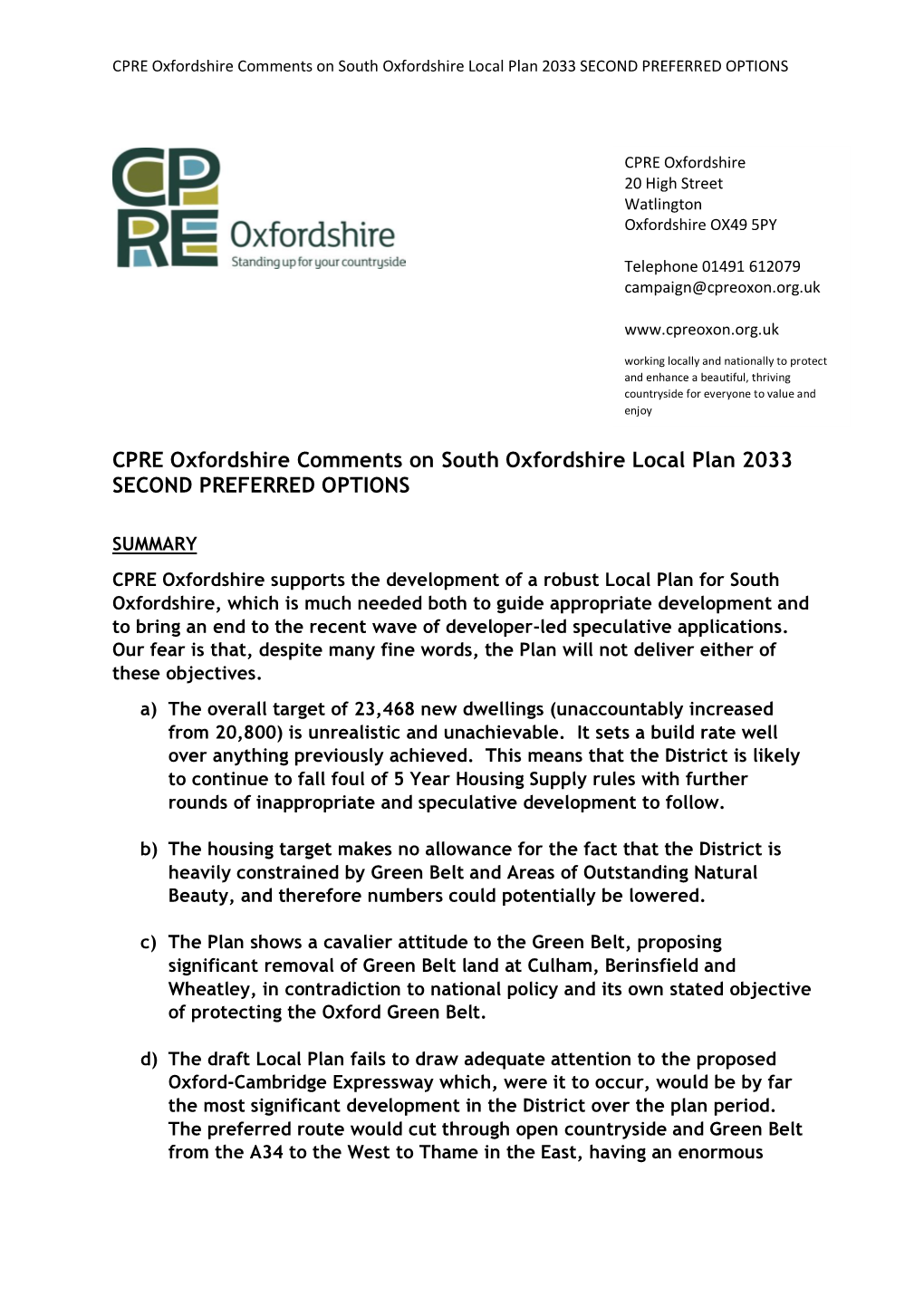 CPRE Oxfordshire Comments on South Oxfordshire Local Plan 2033 SECOND PREFERRED OPTIONS