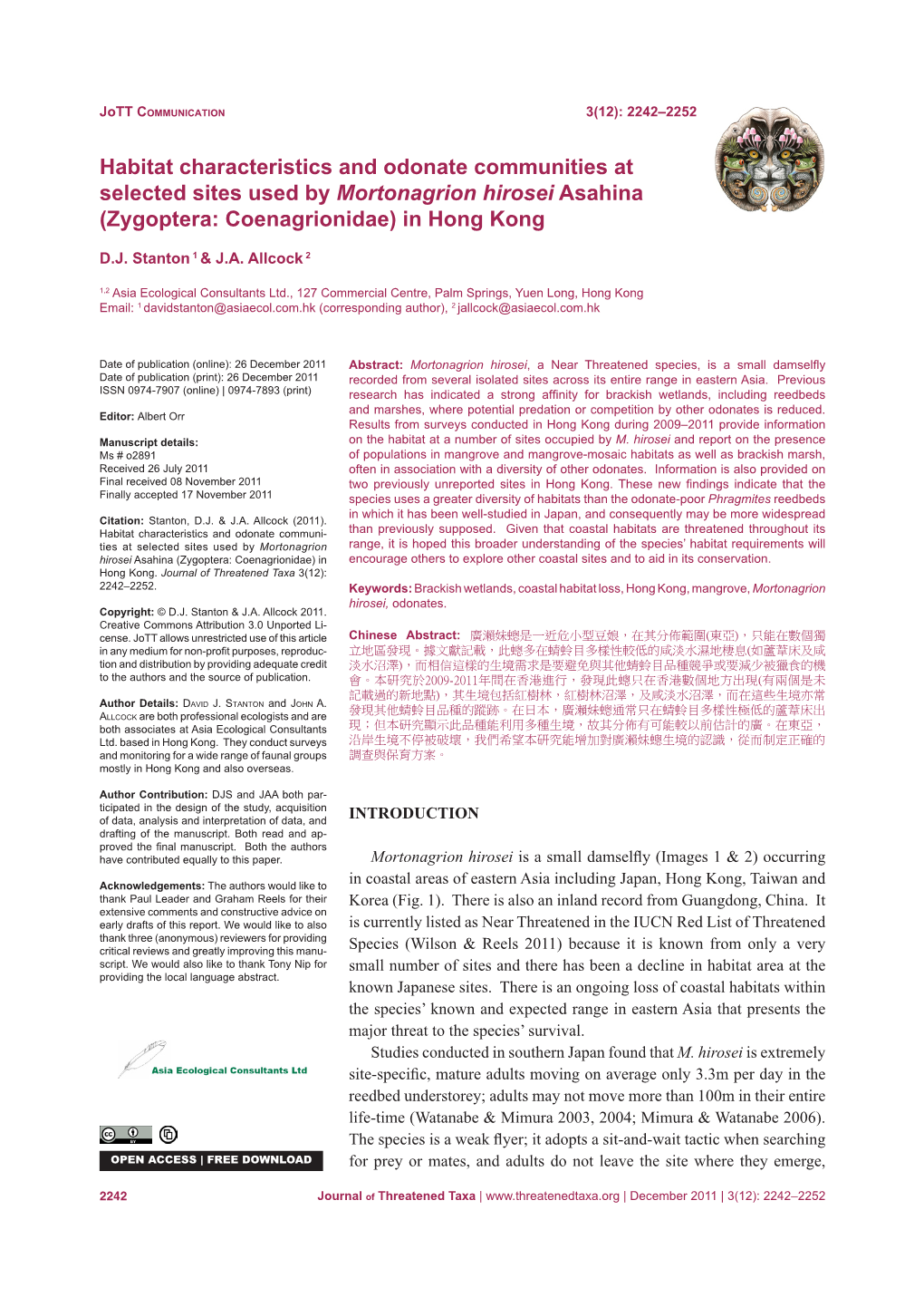 Habitat Characteristics and Odonate Communities at Selected Sites Used by Mortonagrion Hirosei Asahina (Zygoptera: Coenagrionidae) in Hong Kong
