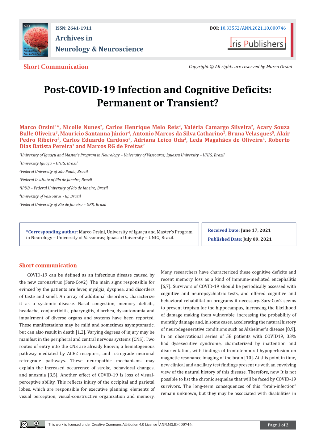 Post-COVID-19 Infection and Cognitive Deficits: Permanent Or Transient?