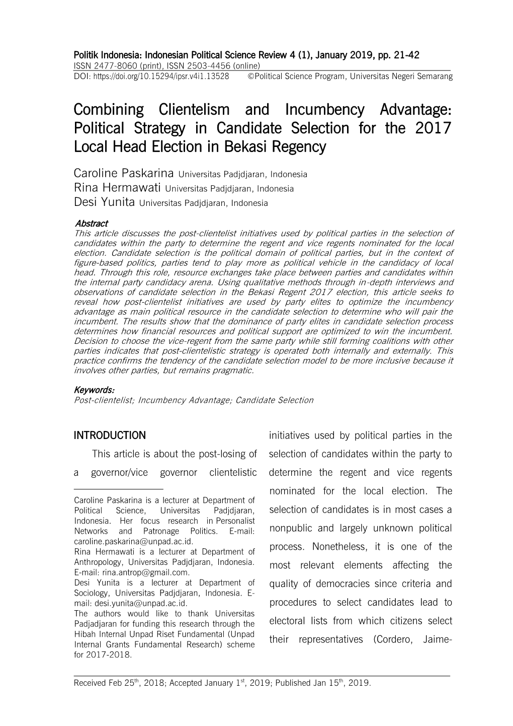 Combining Clientelism and Incumbency Advantage: Political Strategy in Candidate Selection for the 2017 Local Head Election in Bekasi Regency