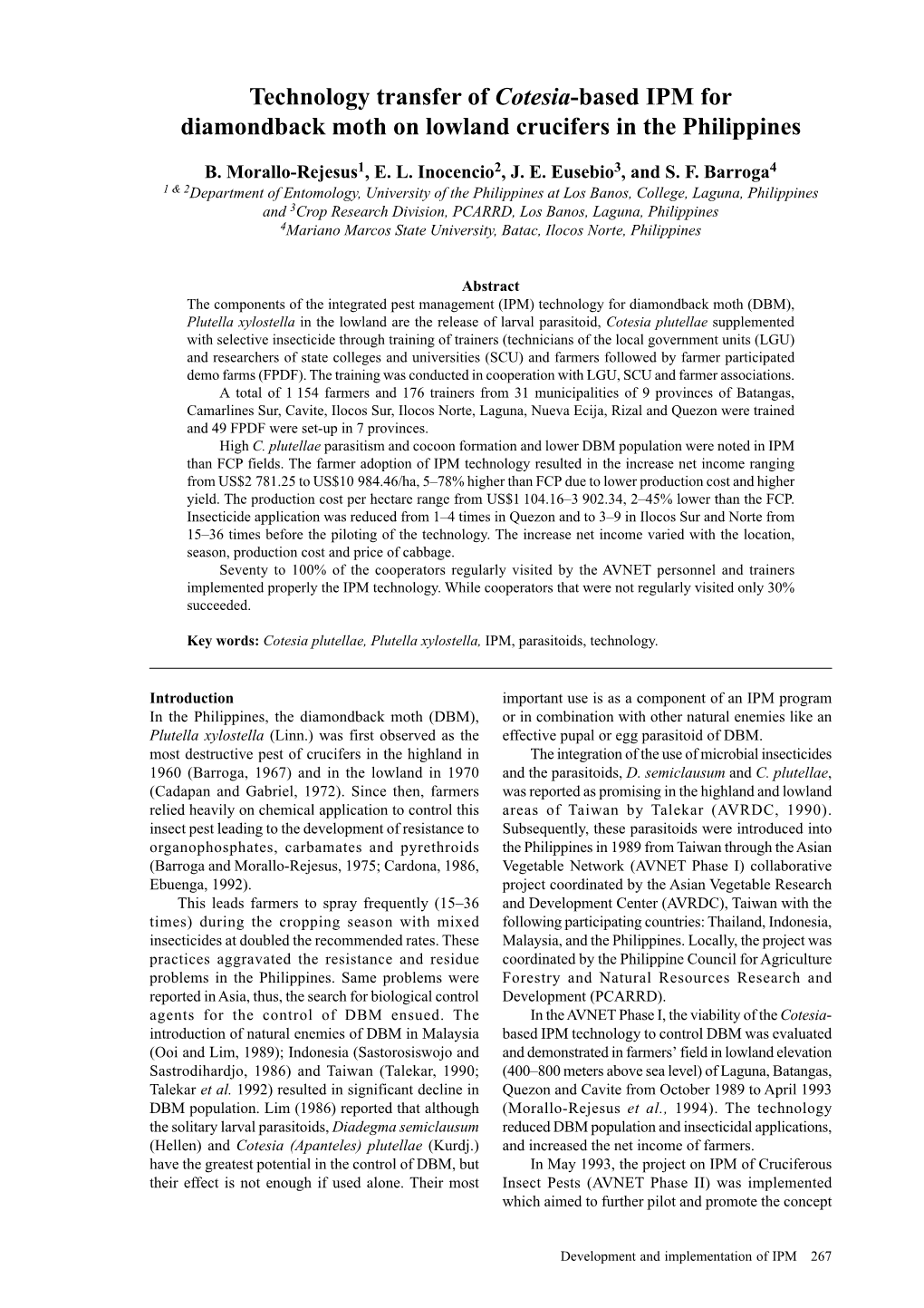 Technology Transfer of Cotesia-Based IPM for Diamondback Moth on Lowland Crucifers in the Philippines