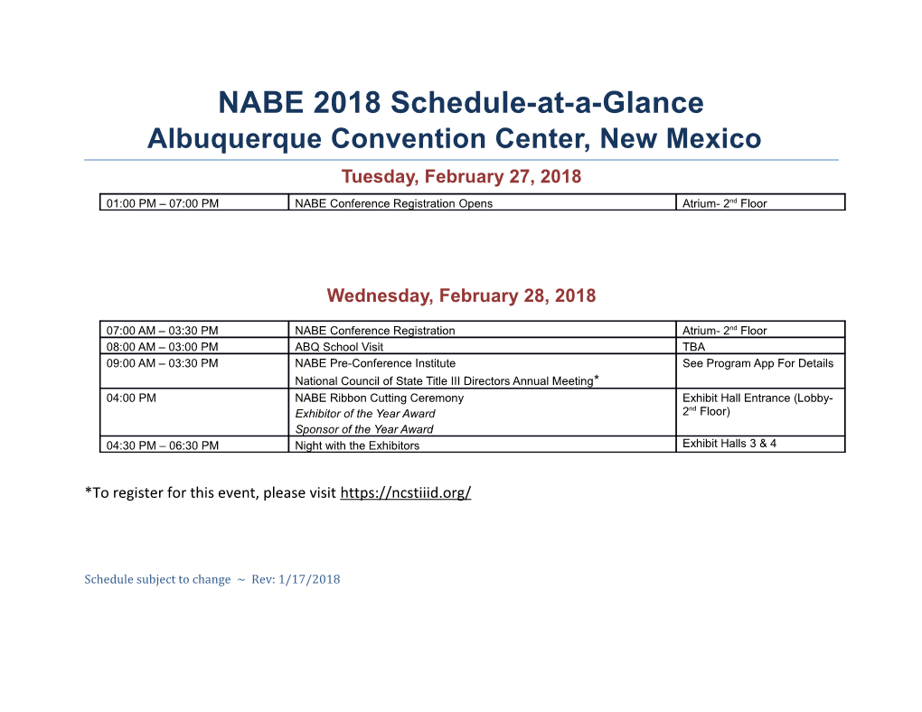 NABE 2018 Schedule-At-A-Glance