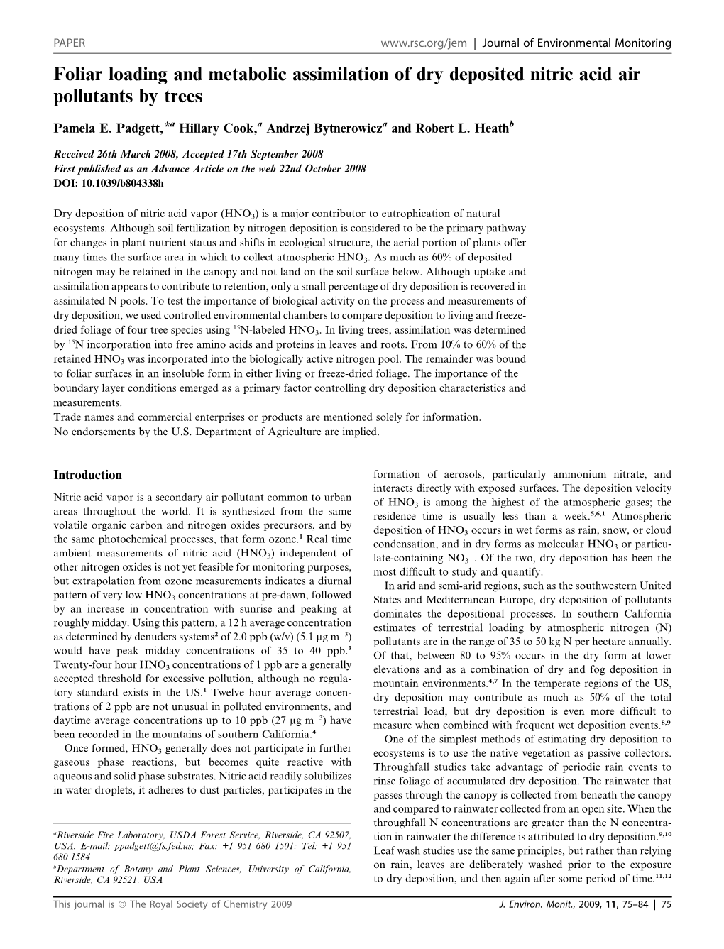 Foliar Loading and Metabolic Assimilation of Dry Deposited Nitric Acid Air Pollutants by Trees