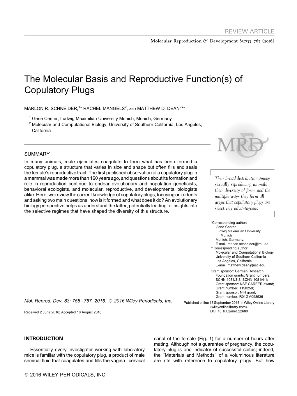 The Molecular Basis and Reproductive Function(S) of Copulatory Plugs
