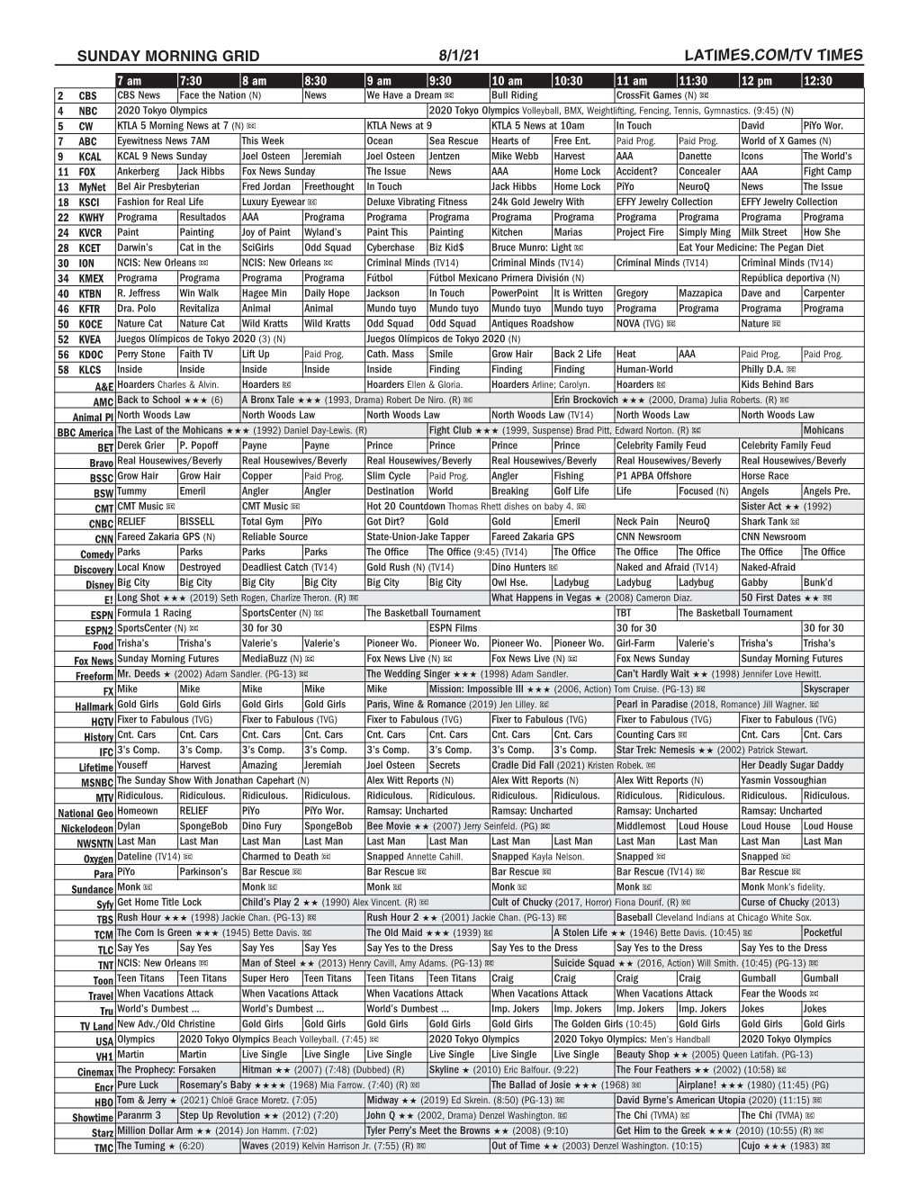 Sunday Morning Grid 8/1/21 Latimes.Com/Tv Times