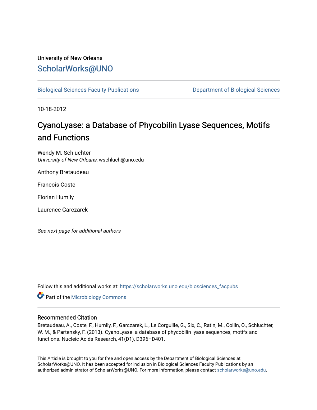 A Database of Phycobilin Lyase Sequences, Motifs and Functions