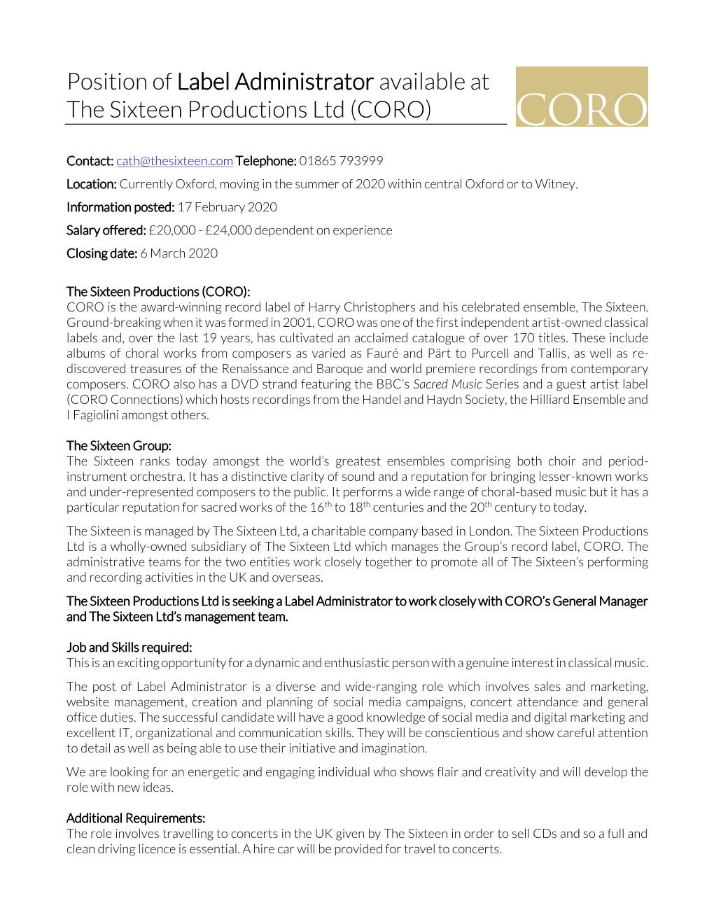 Position of Label Administrator Available at the Sixteen Productions Ltd (CORO)